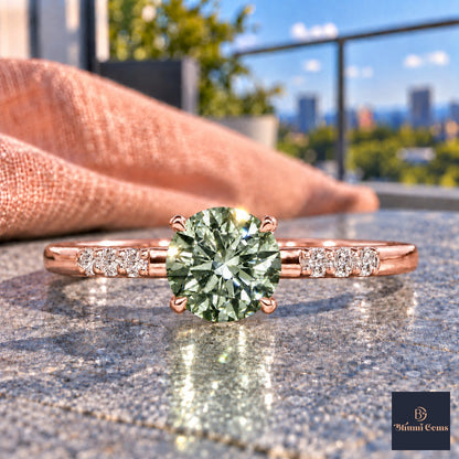 Green Round Cut Lab Grown Diamond Engagement Ring - Pave Shoulders in rose gold, close-up