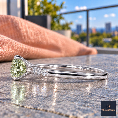 Green Round Cut Lab Grown Diamond Engagement Ring - Pave Shoulders in white gold, side view