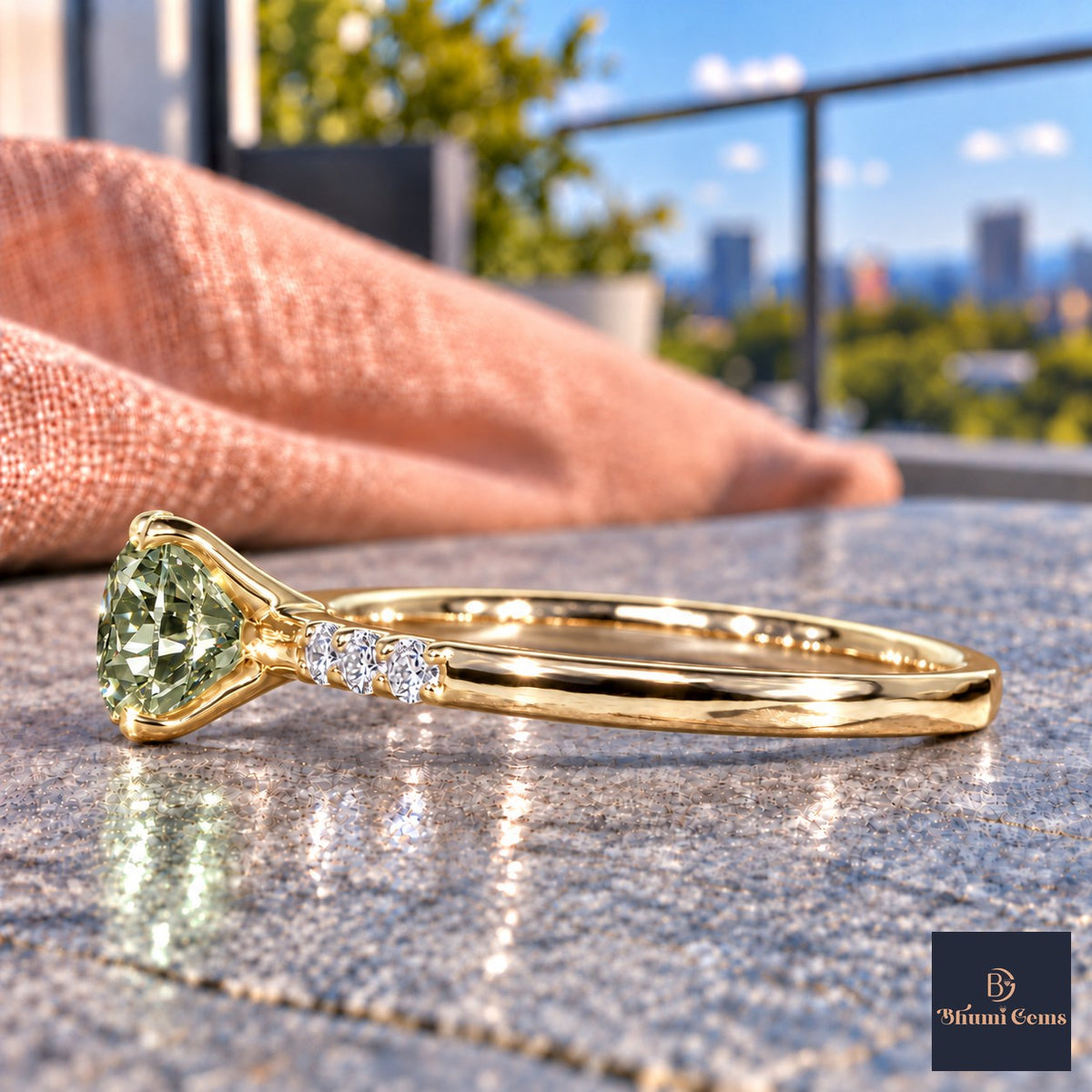 Green Round Cut Lab Grown Diamond Engagement Ring - Pave Shoulders in yellow gold, side view