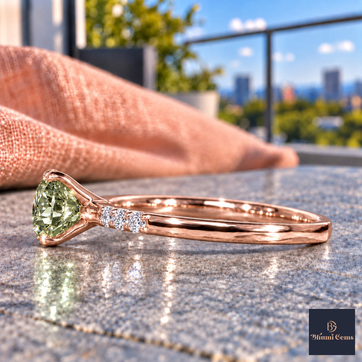 Green Round Cut Lab Grown Diamond Engagement Ring - Pave Shoulders in rose gold, side view