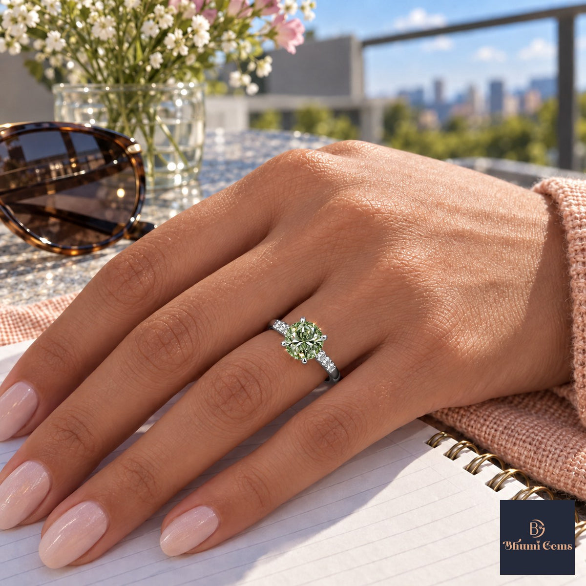 Green Round Cut Lab Grown Diamond Engagement Ring - Pave Shoulders in white gold, worn on the hand