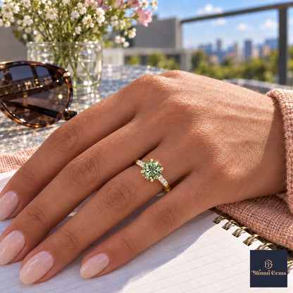 Green Round Cut Lab Grown Diamond Engagement Ring - Pave Shoulders in yellow gold, worn on the hand