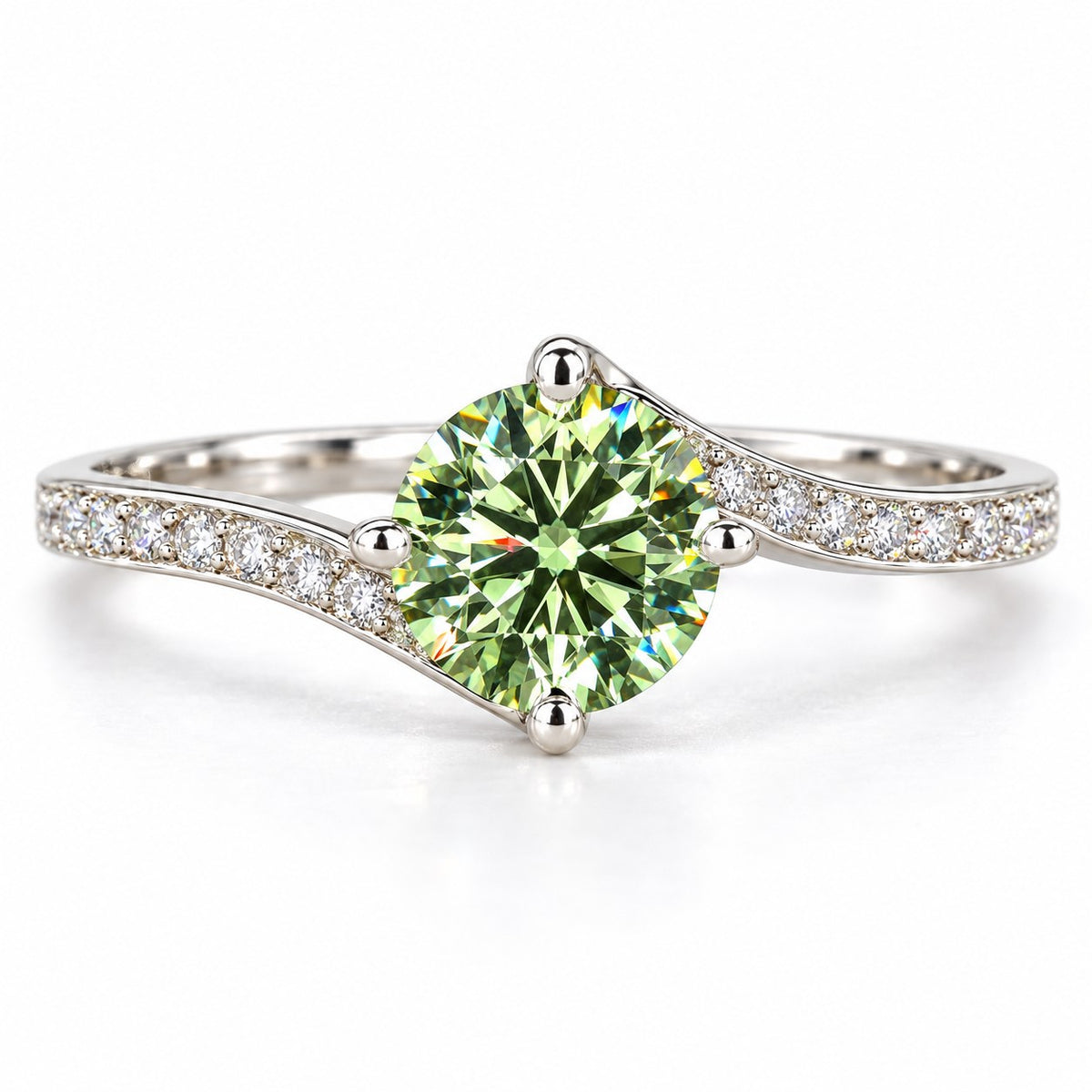 Green Round Cut Lab Grown Diamond Engagement Ring - Pave Twist Bypass in white gold, front view