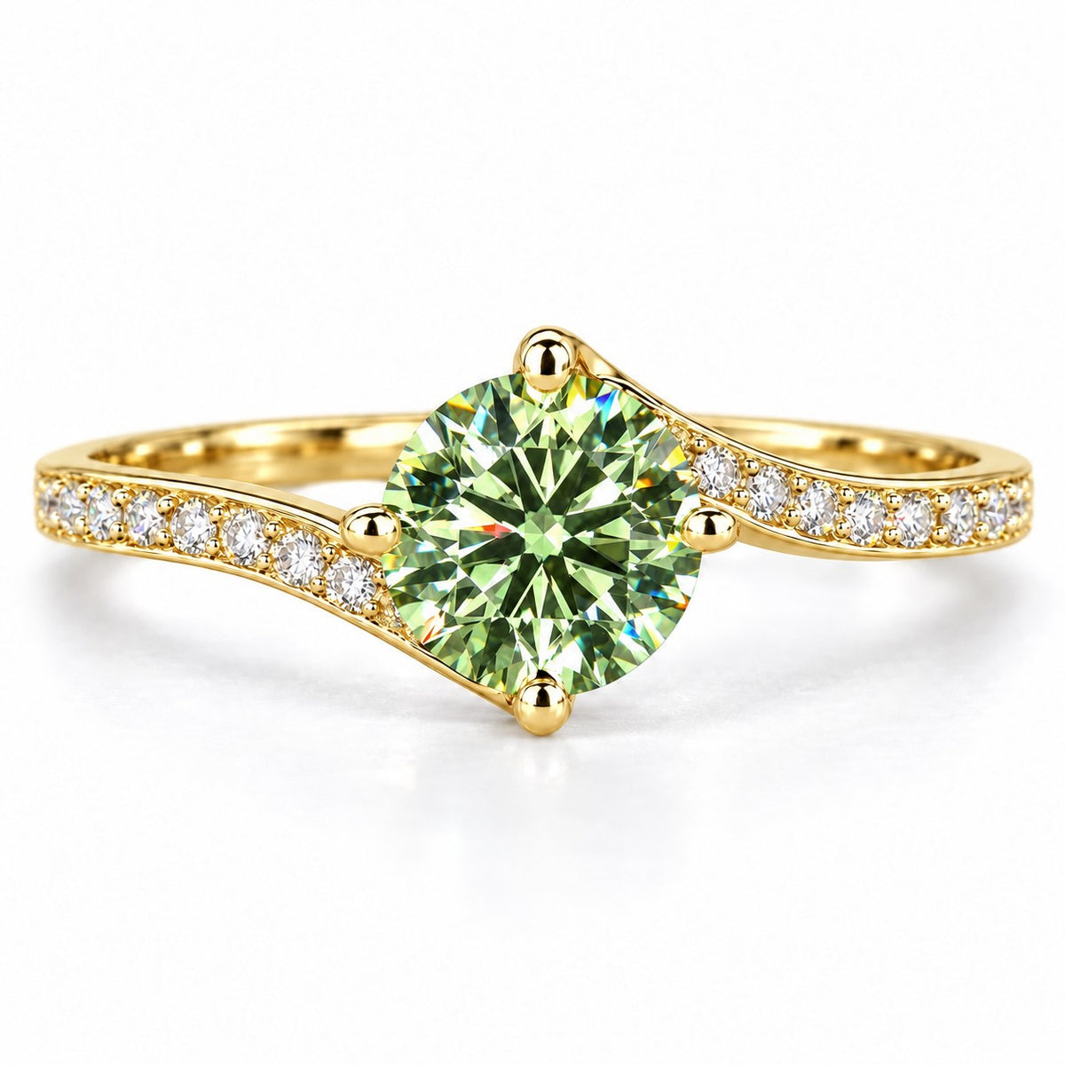 Green Round Cut Lab Grown Diamond Engagement Ring - Pave Twist Bypass in yellow gold, front view