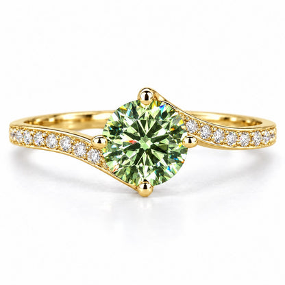 Green Round Cut Lab Grown Diamond Engagement Ring - Pave Twist Bypass in yellow gold, front view