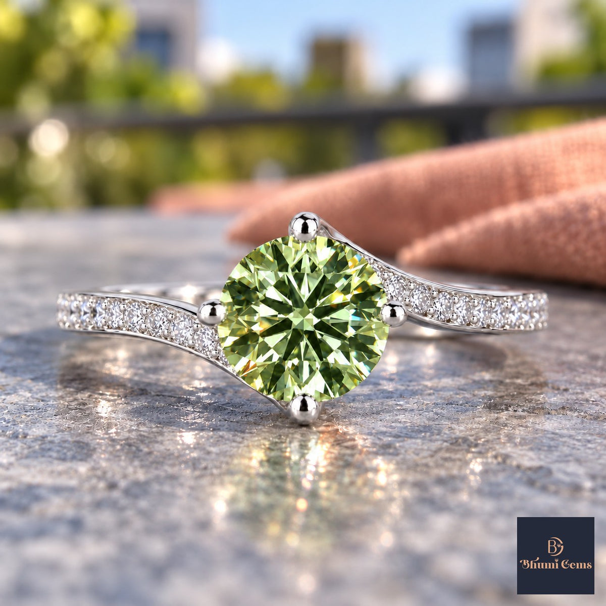 Green Round Cut Lab Grown Diamond Engagement Ring - Pave Twist Bypass in white gold, close-up