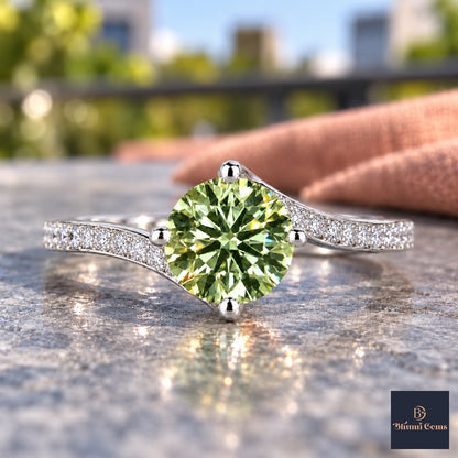 Green Round Cut Lab Grown Diamond Engagement Ring - Pave Twist Bypass in white gold, close-up