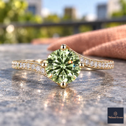 Green Round Cut Lab Grown Diamond Engagement Ring - Pave Twist Bypass in yellow gold, close-up