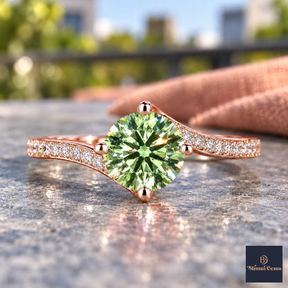 Green Round Cut Lab Grown Diamond Engagement Ring - Pave Twist Bypass in rose gold, close-up