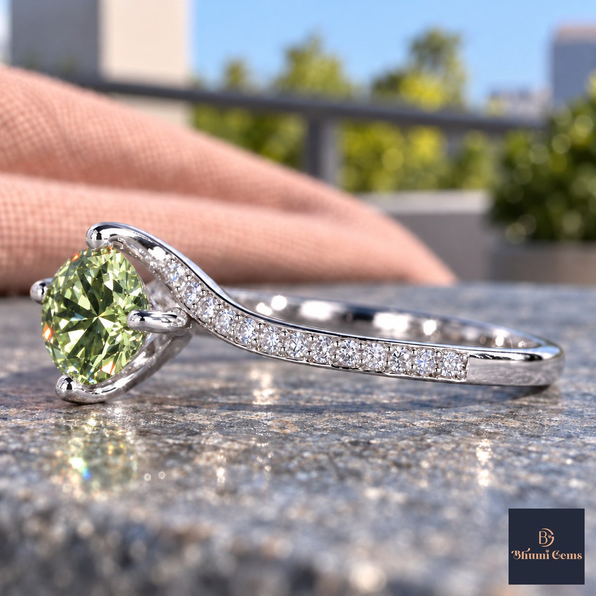 Green Round Cut Lab Grown Diamond Engagement Ring - Pave Twist Bypass in white gold, side view