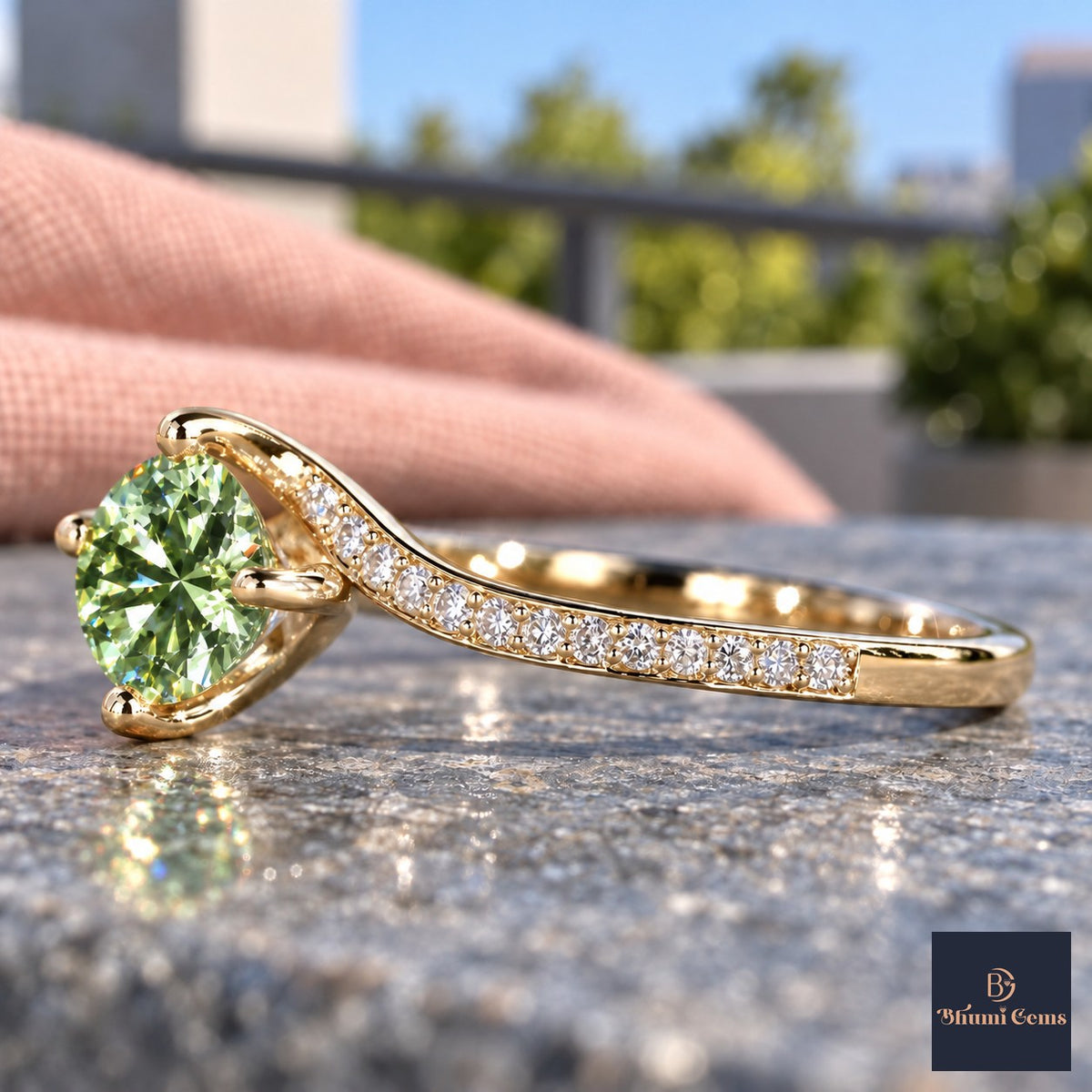 Green Round Cut Lab Grown Diamond Engagement Ring - Pave Twist Bypass in yellow gold, side view