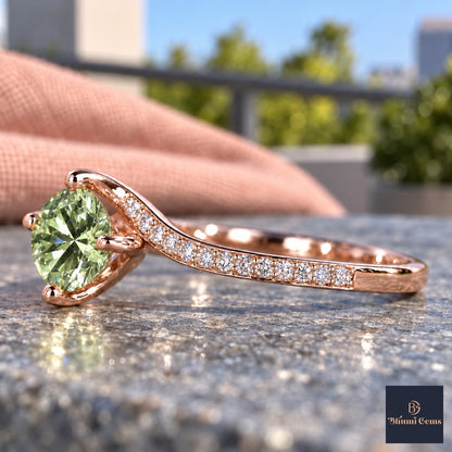 Green Round Cut Lab Grown Diamond Engagement Ring - Pave Twist Bypass in rose gold, side view