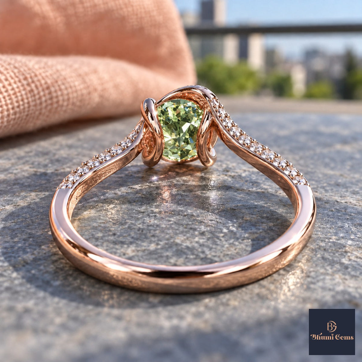 Green Round Cut Lab Grown Diamond Engagement Ring - Pave Twist Bypass in rose gold, gallery view