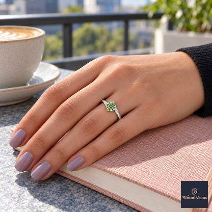 Green Round Cut Lab Grown Diamond Engagement Ring - Pave Twist Bypass in white gold, on the hand