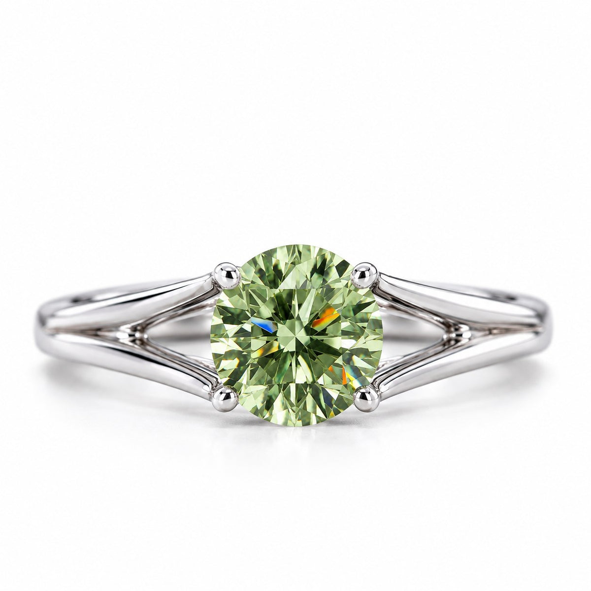 Green Round Cut Lab Grown Diamond Engagement Ring - Split Shank in white gold, front view