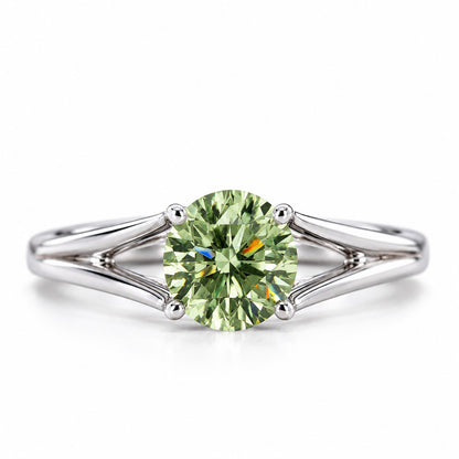 Green Round Cut Lab Grown Diamond Engagement Ring - Split Shank in white gold, front view