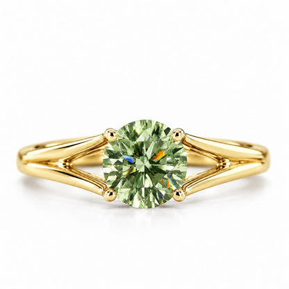 Green Round Cut Lab Grown Diamond Engagement Ring - Split Shank in yellow gold, front view