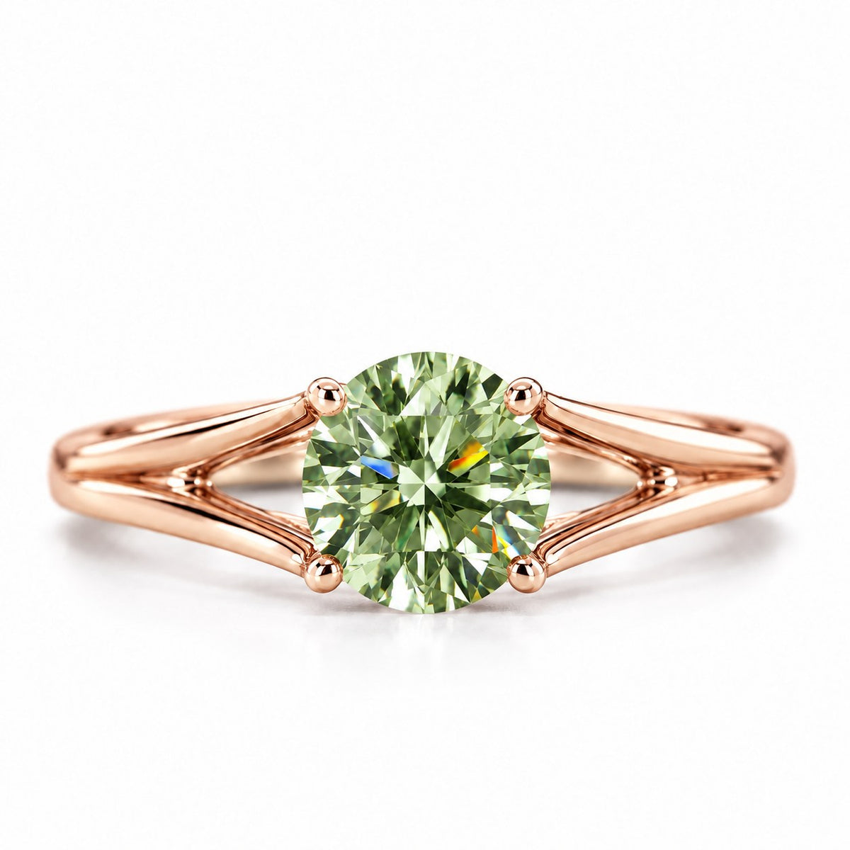 Green Round Cut Lab Grown Diamond Engagement Ring - Split Shank in rose gold, front view