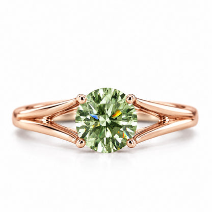 Green Round Cut Lab Grown Diamond Engagement Ring - Split Shank in rose gold, front view