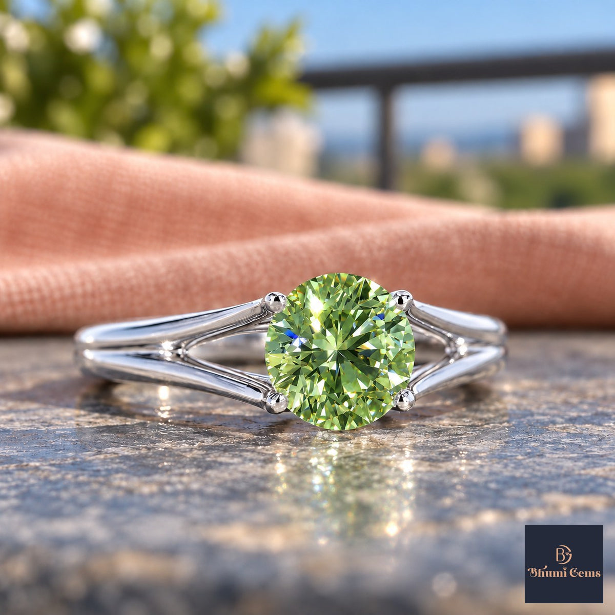 Green Round Cut Lab Grown Diamond Engagement Ring - Split Shank in white gold, close-up