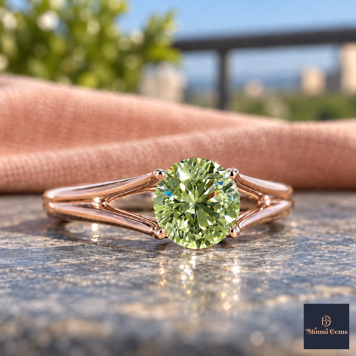 Green Round Cut Lab Grown Diamond Engagement Ring - Split Shank in rose gold, close-up