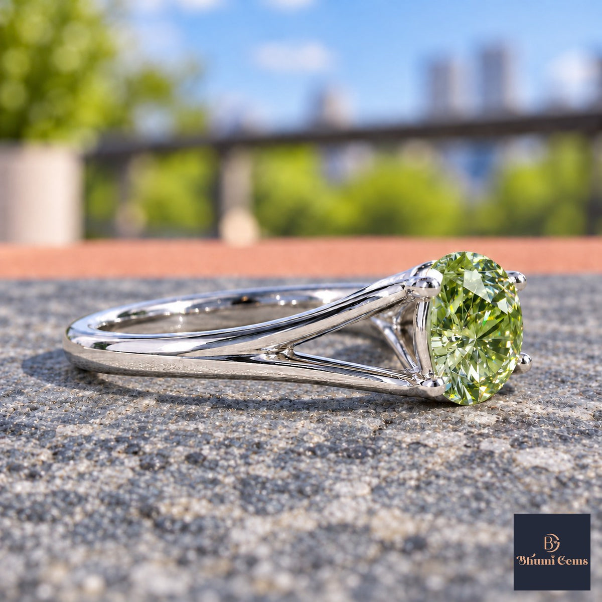 Green Round Cut Lab Grown Diamond Engagement Ring - Split Shank in white gold, side view