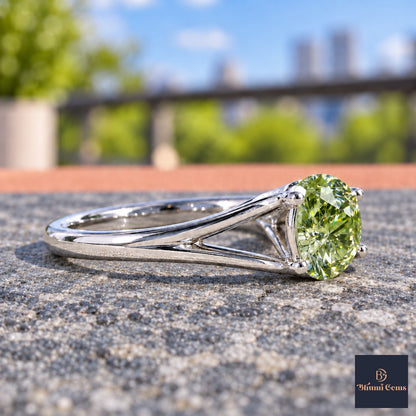 Green Round Cut Lab Grown Diamond Engagement Ring - Split Shank in white gold, side view