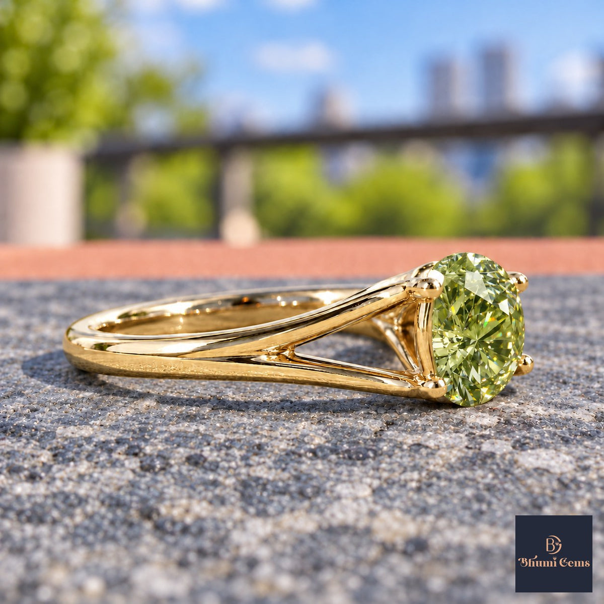 Green Round Cut Lab Grown Diamond Engagement Ring - Split Shank in yellow gold, side view