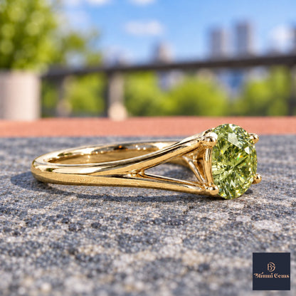 Green Round Cut Lab Grown Diamond Engagement Ring - Split Shank in yellow gold, side view