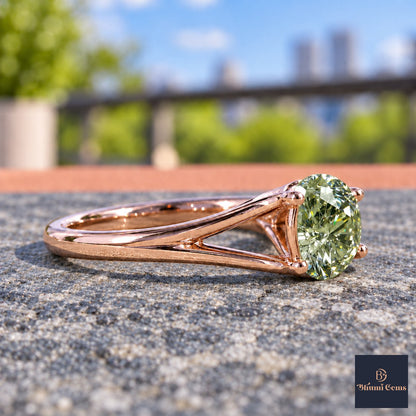 Green Round Cut Lab Grown Diamond Engagement Ring - Split Shank in rose gold, side view