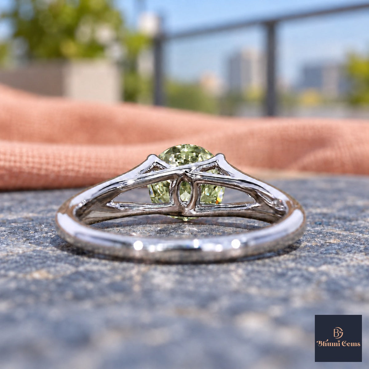 Green Round Cut Lab Grown Diamond Engagement Ring - Split Shank in white gold, gallery view