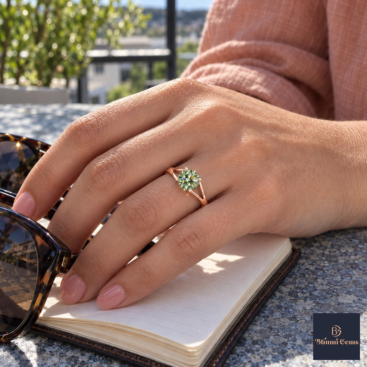 Green Round Cut Lab Grown Diamond Engagement Ring - Split Shank in rose gold, on the hand