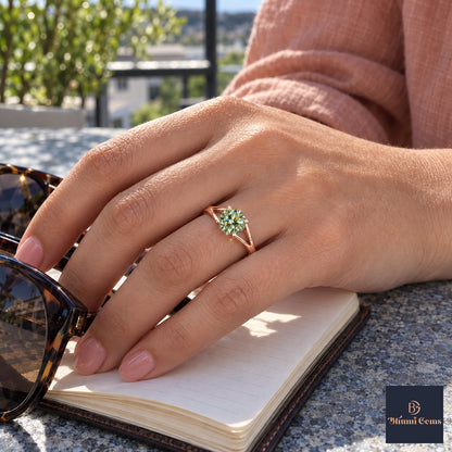 Green Round Cut Lab Grown Diamond Engagement Ring - Split Shank in rose gold, on the hand