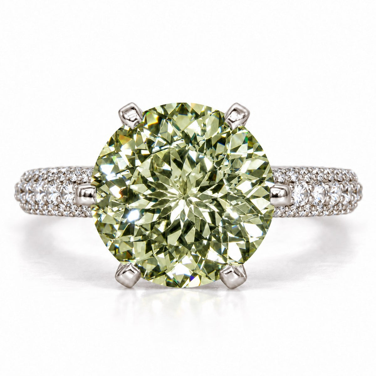 Green Round Cut Lab Grown Diamond Engagement Ring - Triple Row Pave in white gold, front view