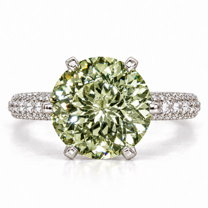 Green Round Cut Lab Grown Diamond Engagement Ring - Triple Row Pave in white gold, front view