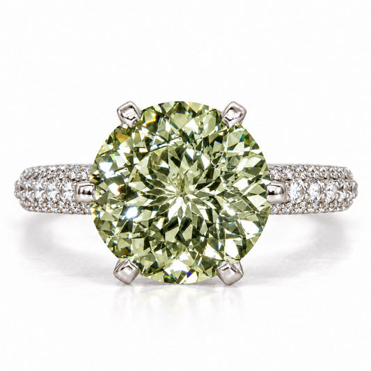 Green Round Cut Lab Grown Diamond Engagement Ring - Triple Row Pave in white gold, front view