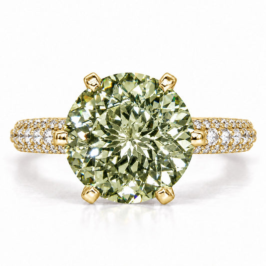 Green Round Cut Lab Grown Diamond Engagement Ring - Triple Row Pave in yellow gold, front view