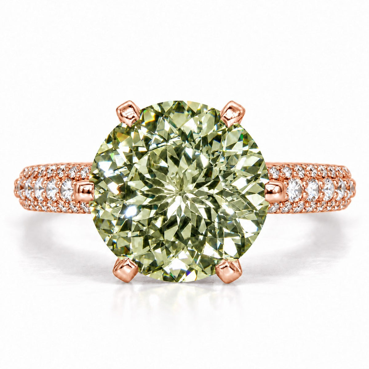 Green Round Cut Lab Grown Diamond Engagement Ring - Triple Row Pave in rose gold, front view