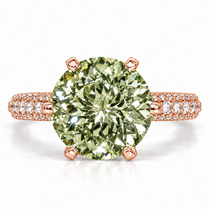 Green Round Cut Lab Grown Diamond Engagement Ring - Triple Row Pave in rose gold, front view