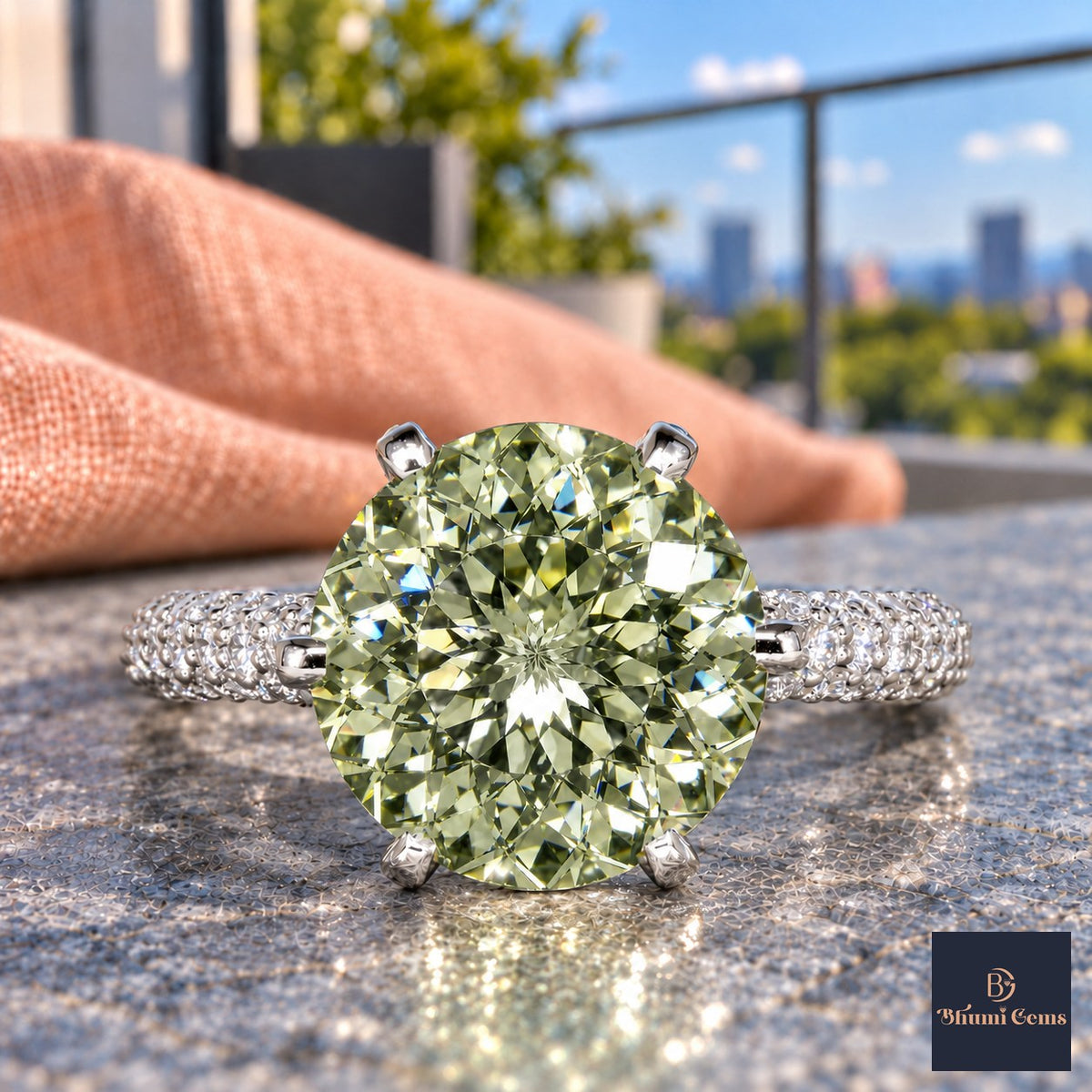 Green Round Cut Lab Grown Diamond Engagement Ring - Triple Row Pave in white gold, close-up