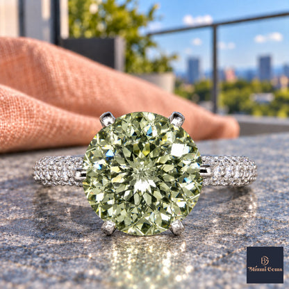 Green Round Cut Lab Grown Diamond Engagement Ring - Triple Row Pave in white gold, close-up