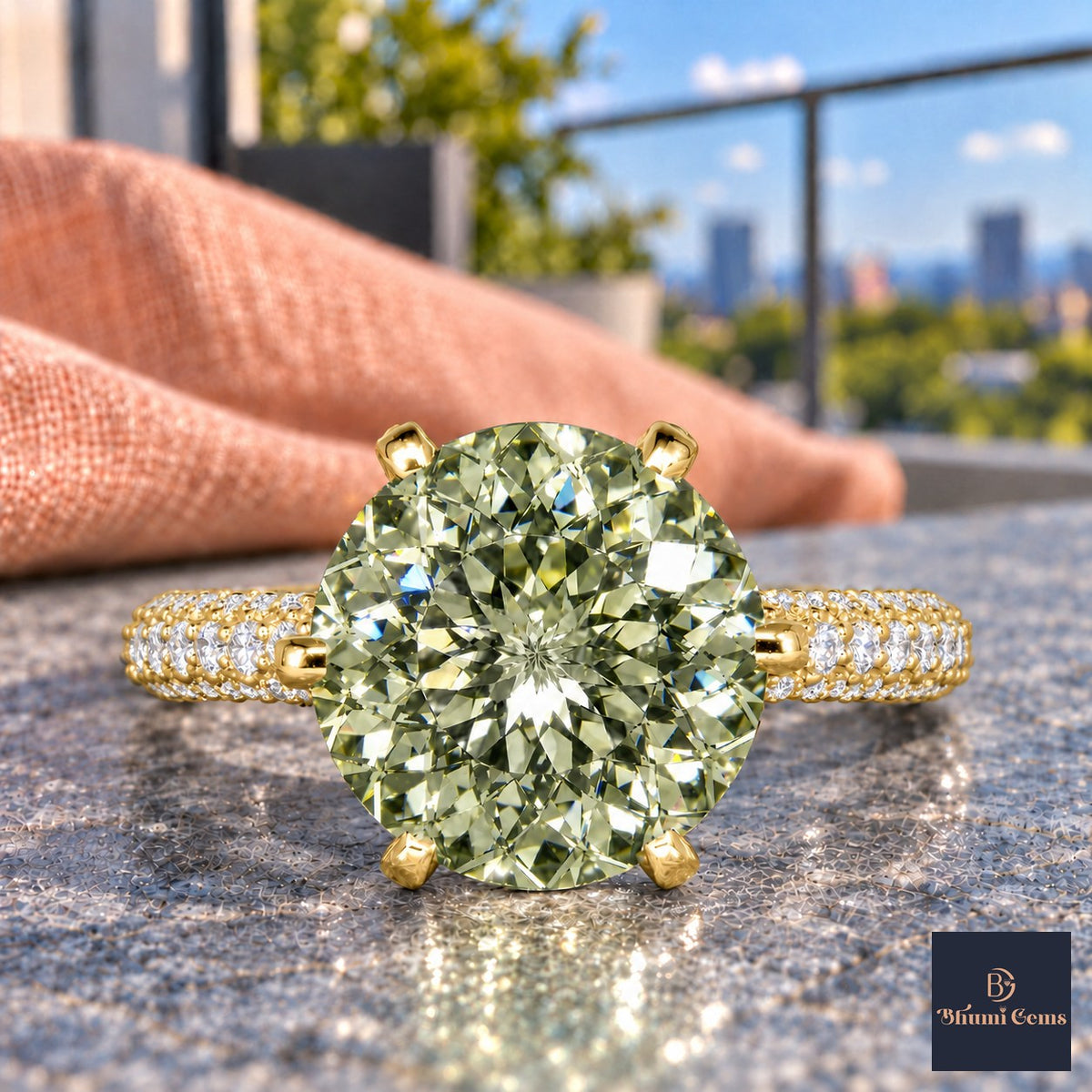 Green Round Cut Lab Grown Diamond Engagement Ring - Triple Row Pave in yellow gold, close-up
