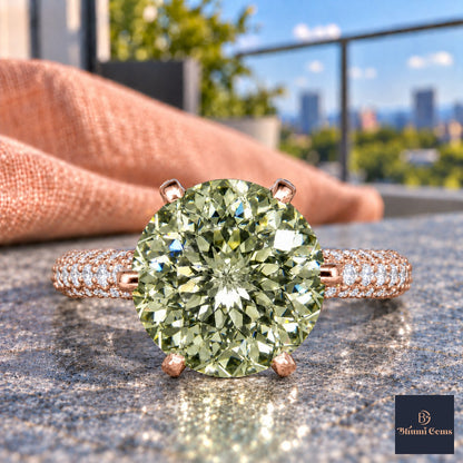 Green Round Cut Lab Grown Diamond Engagement Ring - Triple Row Pave in rose gold, close-up