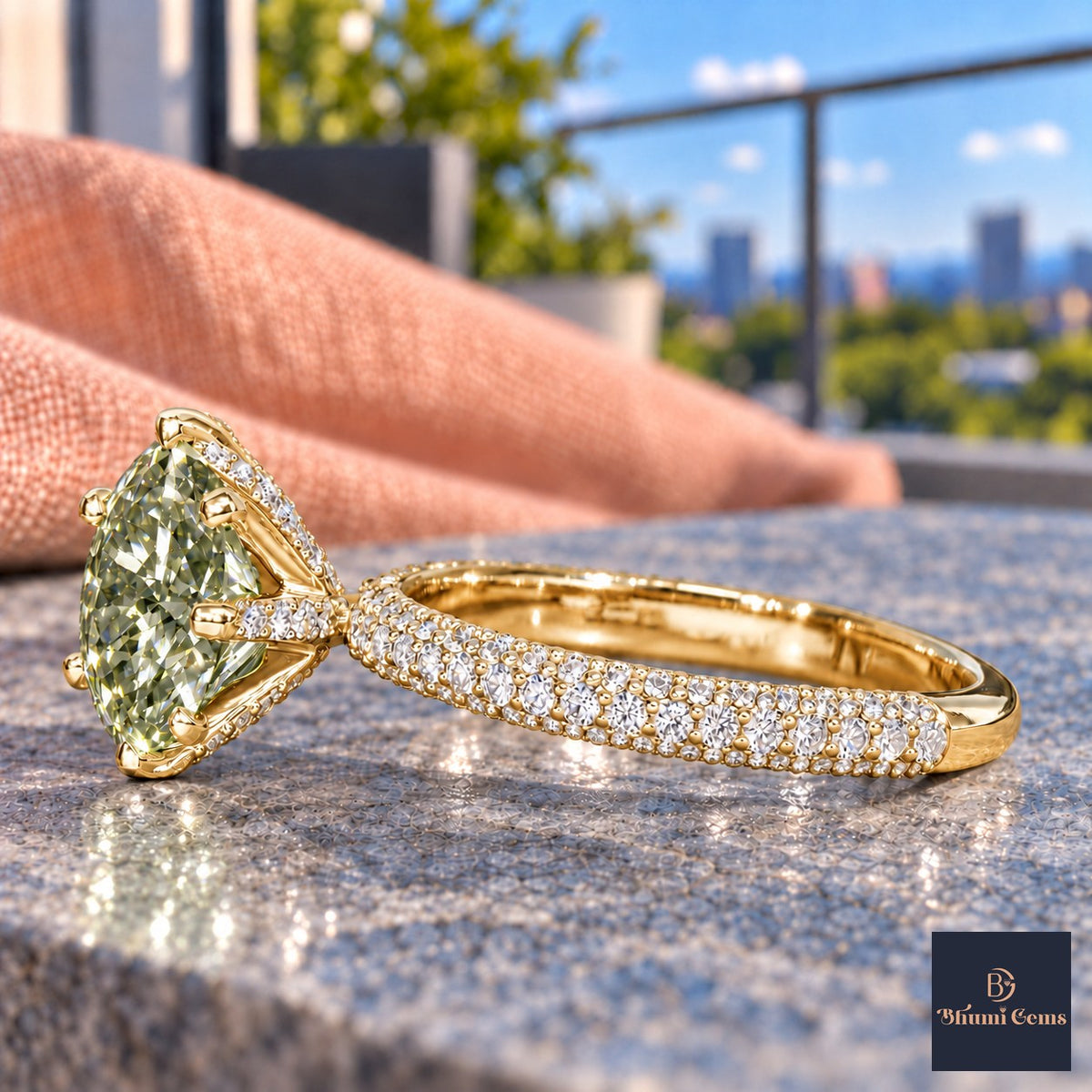 Green Round Cut Lab Grown Diamond Engagement Ring - Triple Row Pave in yellow gold, side view