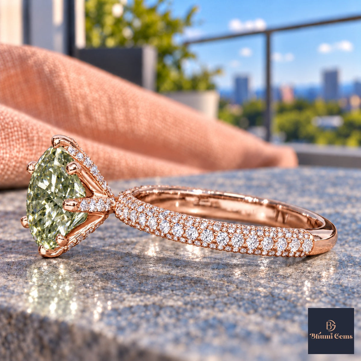 Green Round Cut Lab Grown Diamond Engagement Ring - Triple Row Pave in rose gold, side view