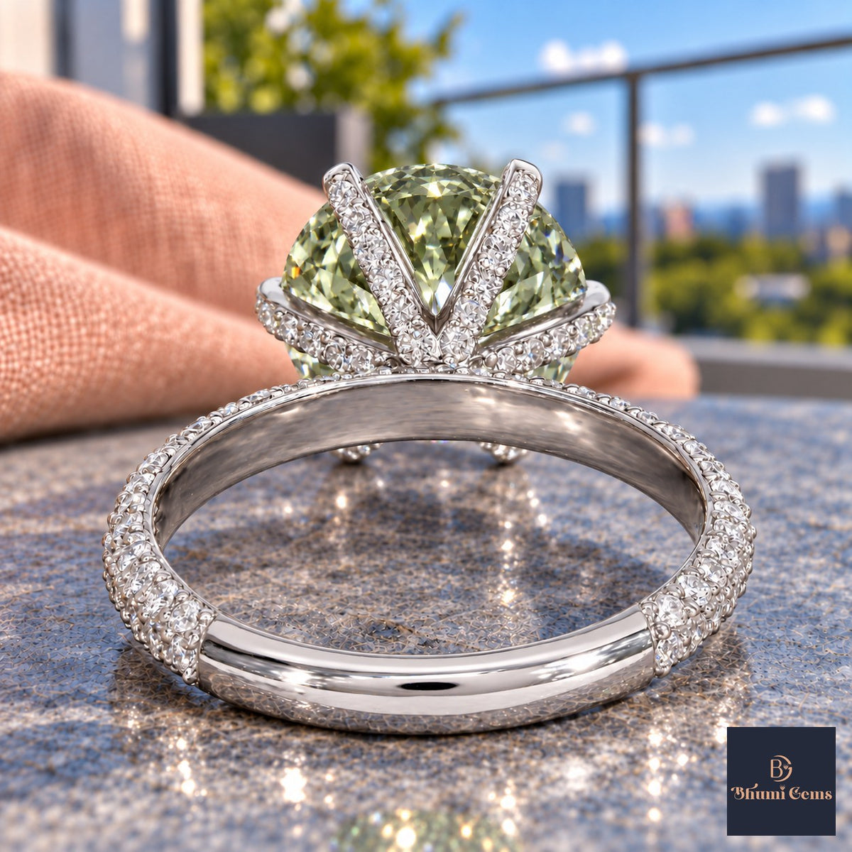 Green Round Cut Lab Grown Diamond Engagement Ring - Triple Row Pave in white gold, gallery view
