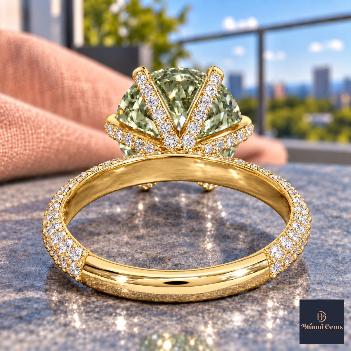 Green Round Cut Lab Grown Diamond Engagement Ring - Triple Row Pave in yellow gold, gallery view