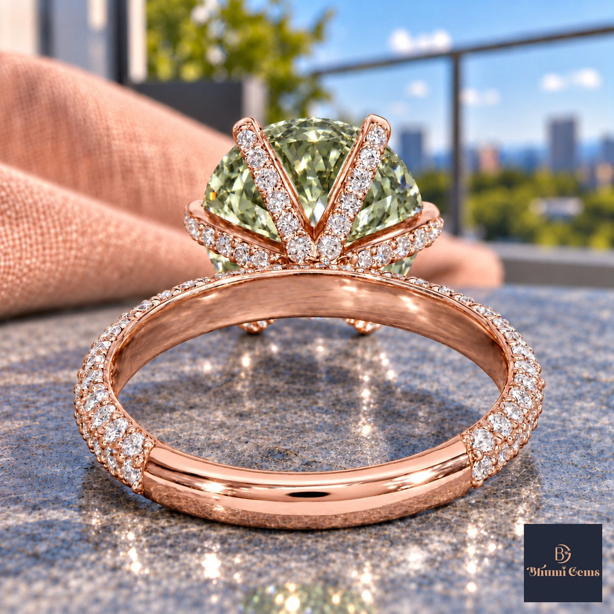 Green Round Cut Lab Grown Diamond Engagement Ring - Triple Row Pave in rose gold, gallery view