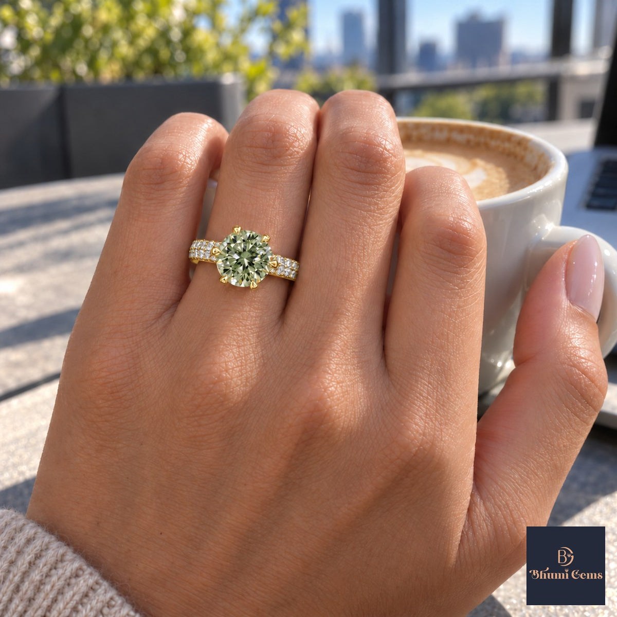 Green Round Cut Lab Grown Diamond Engagement Ring - Triple Row Pave in yellow gold, on the hand