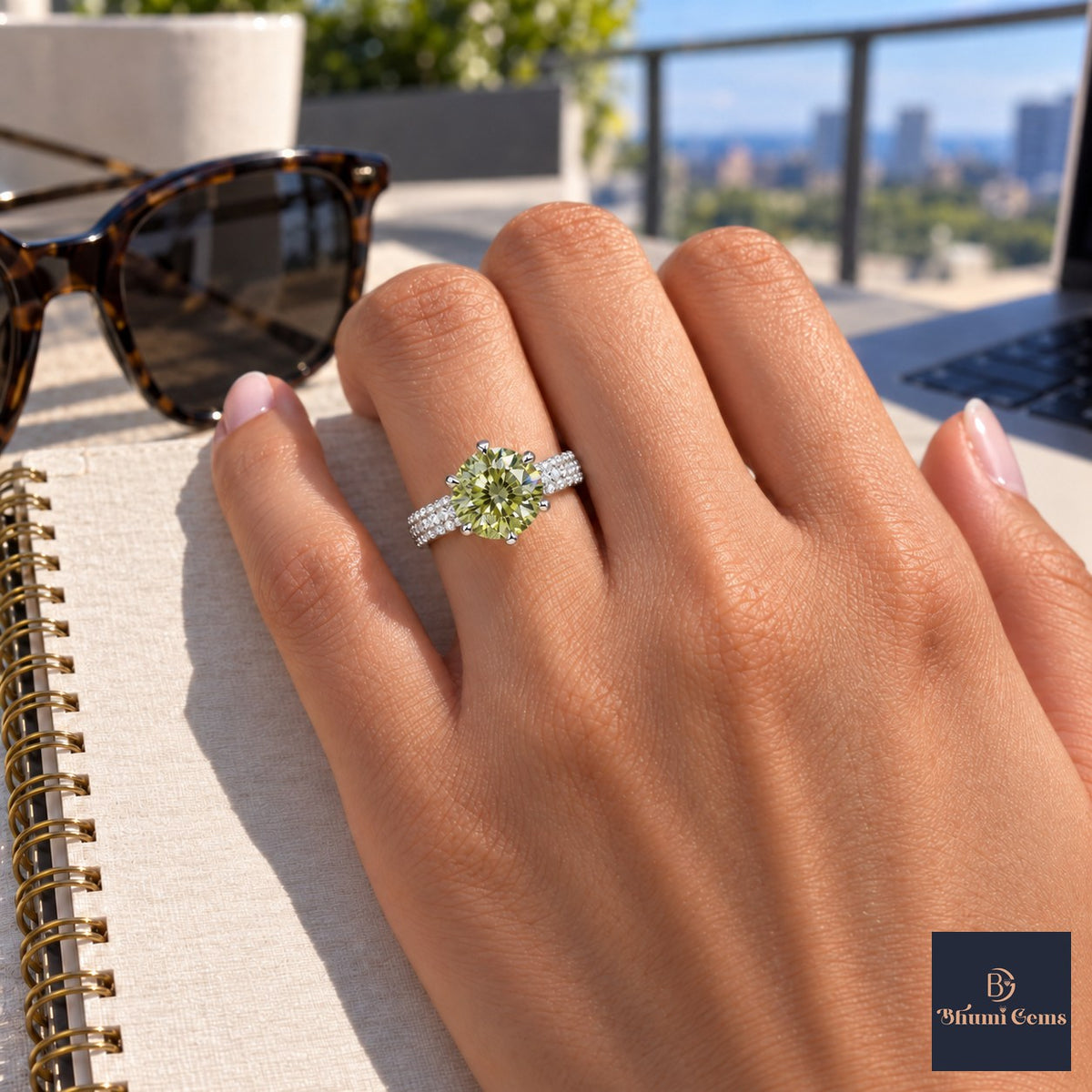 Green Round Cut Lab Grown Diamond Engagement Ring - Triple Row Pave in white gold, worn on the hand